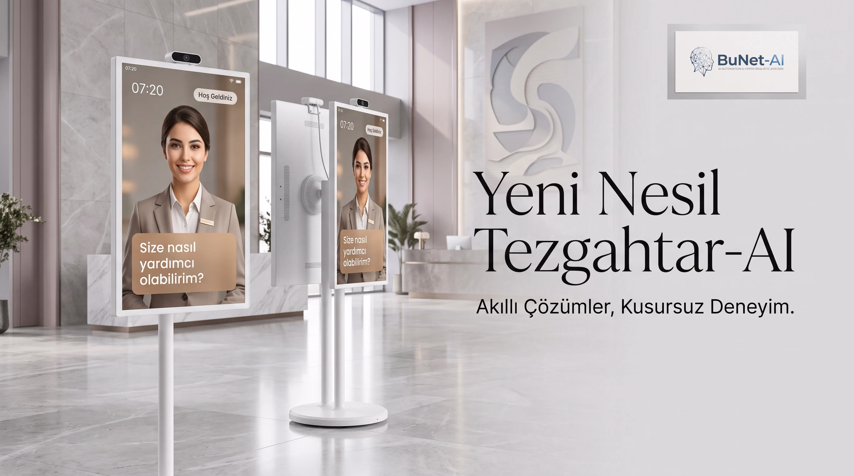 Lobide ayaklı kiosk ekranlarında AI Tezgahtar