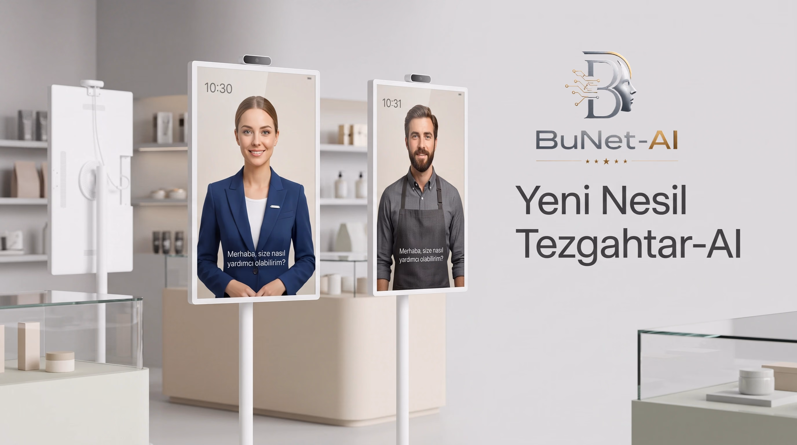 Mağaza girişinde ayaklı kiosk ekranlarında AI Tezgahtar